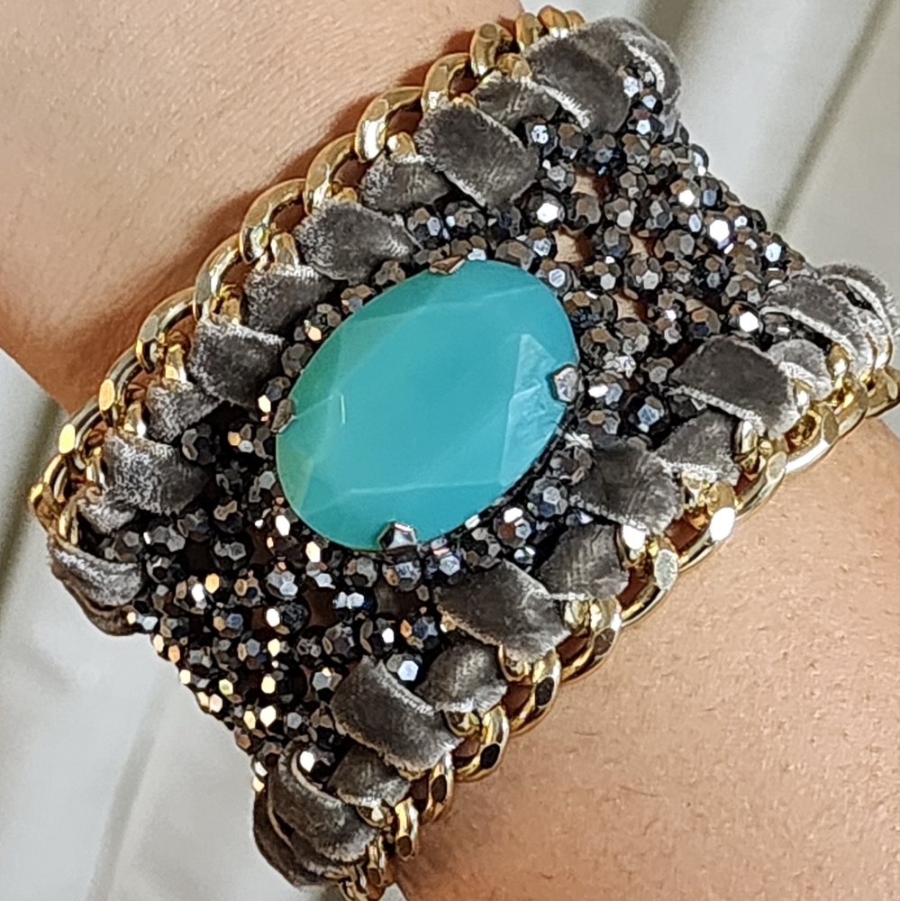 Marcasite beaded & faux turquoise  velvet trim cuff bracelet